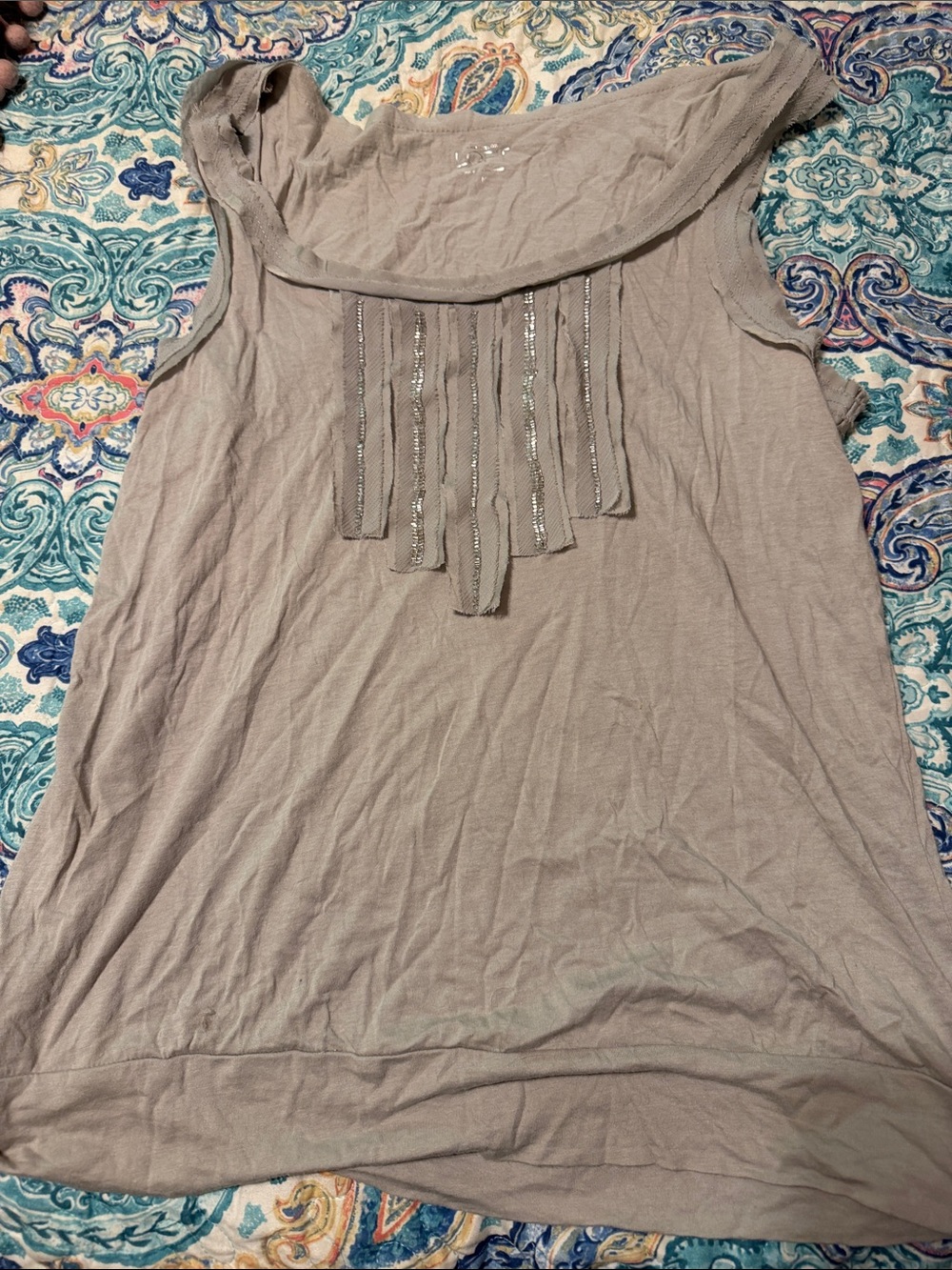 LOFT Taupe Sleeveless Fringe Tank with Sequin Accents